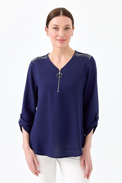Women's Collar Zippered Blouse Navy Blue