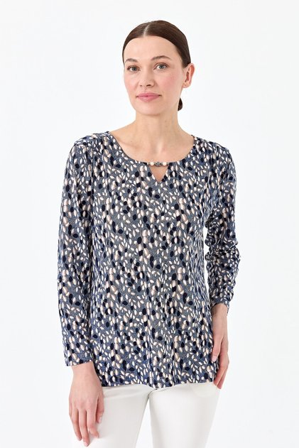 Women's Leaf Patterned Combed Cotton Blouse Indigo