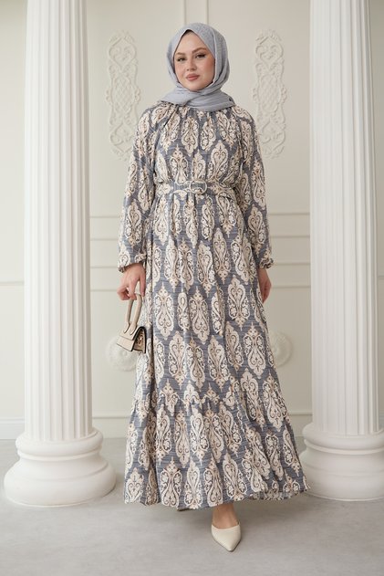 Sequenced Ethnic Pattern Gray Viscose Dress