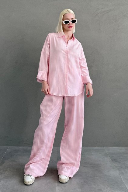 Pembe Çizgili Gömlek Pantolon Kadın Takım MG2457