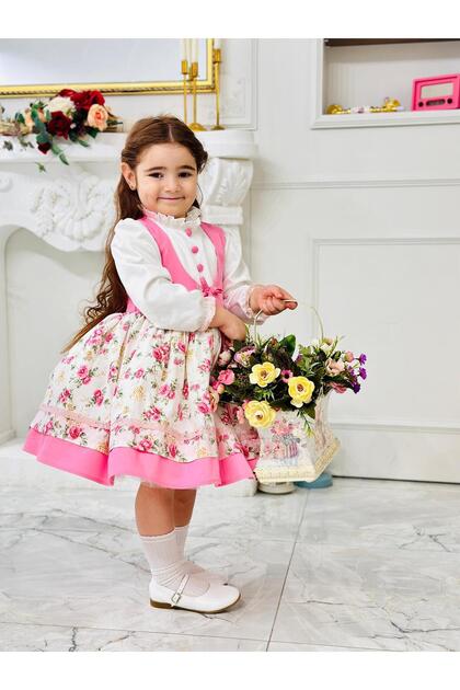 Pink Buttoned Vintage Baby Girl Dress, Birthday, Photoshoot Dress, Suitable for 0-12 Years