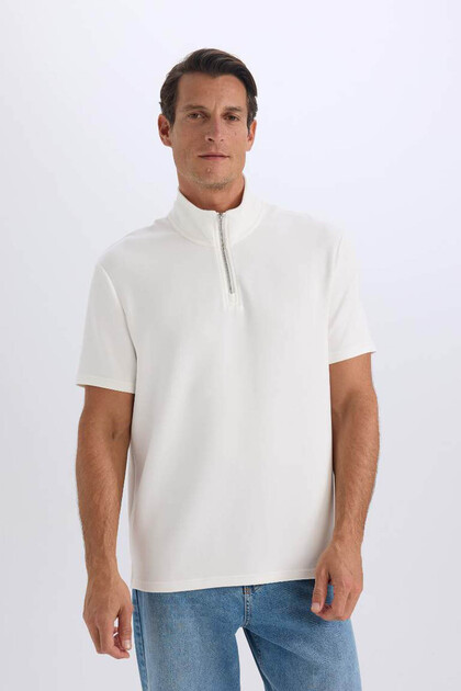 Defacto Regular Fit Half Zip White Men's T-Shirt B6502Ax/Wt34