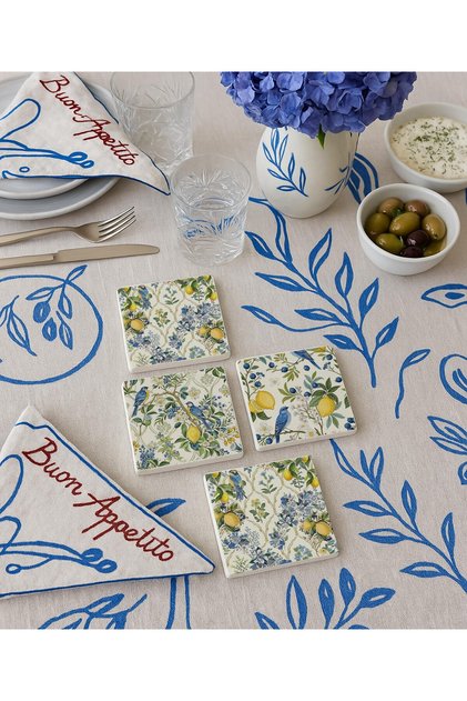 Limon Ve Kuş Desenli Doğal Taş Bardak Altlığı 4’Lü Set, Yazlık Sunum Ürünü