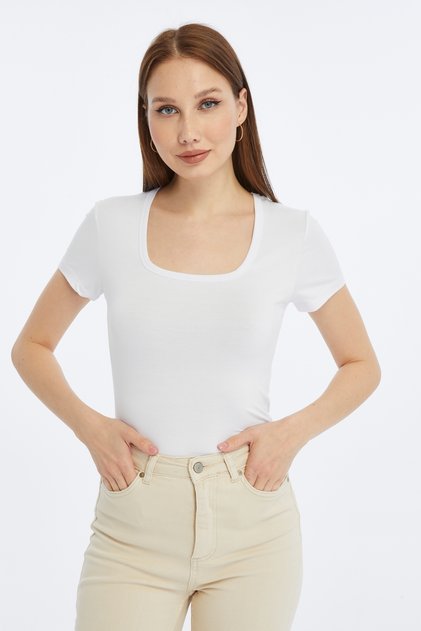 Women's White Square Neck Short Sleeve Blouse