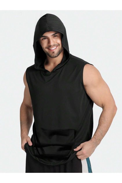 Unisex Athlete Hooded Sleeveless Tshirt with Kangaroo Pocket