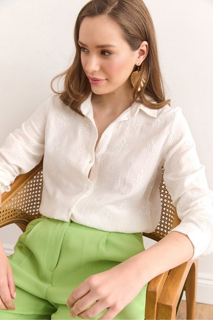 Women's White Embroidery Detailed Muslin Shirt Gml-19001333