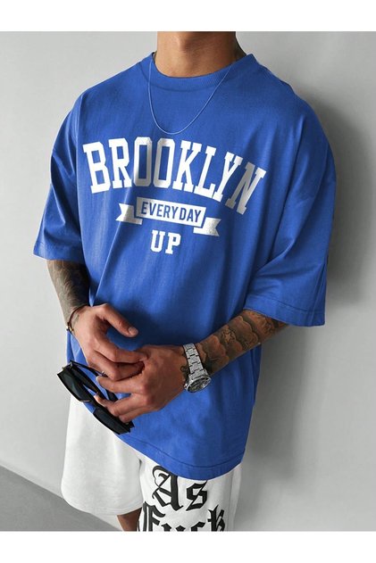 Brooklyn Every Day Single Jersey T-Shirt - Sax Blue Printed Oversize Crew Neck Short Sleeve T-Shirt