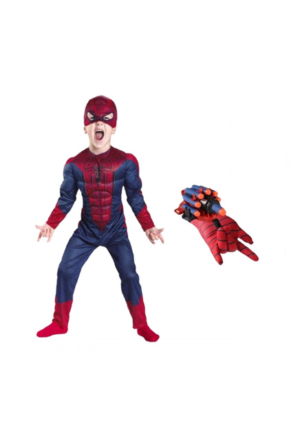 Σετ στολή Spiderman με μύες και γάντι εκτοξευτή με 7 βεντούζες σφουγγαριού, μέγεθος S, 3 - 5 ετών