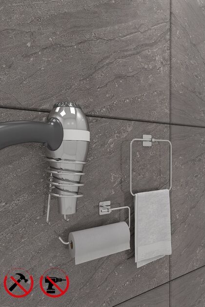 Scilla Square Chrome 3-Piece Adhesive Bathroom Set | Square Towel Holder, Solo Towel Holder, Square Blow Dryer Hanger