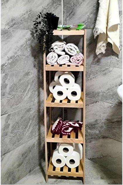Ahşap Izgaralı 5 Raflı Banyo Rafı Doğal 30 x 30 x 120 cm