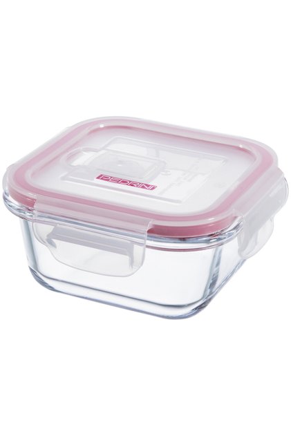 SMALL GLASS BOX, 300ML WITH PLASTIC LID, SQUARE SHAPE