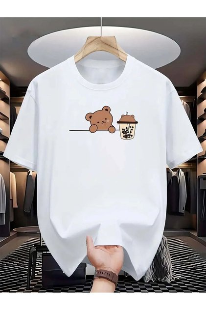 Tricou supradimensionat din jerseu simplu, cu imprimeu Bear Bubble Tea