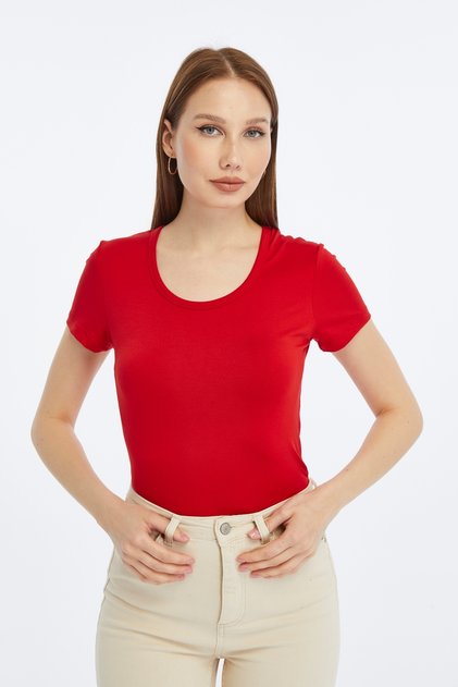 Women's Red Crew Neck Short Sleeve Plain Viscose Blouse