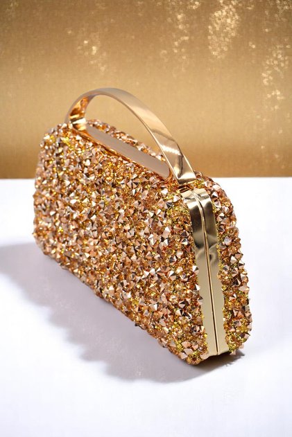 Stone Evening Dress Bag. Gold Stone Invitation Evening Bag.