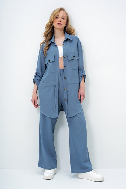 Damen Airman Blue Hemdkragen Doppeltaschen gebundene Leinen-Safari-Jacke und Hosenanzug Alc-X14060