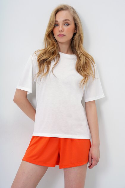 Women's Orange Cotton Basic T-Shirt and Tie-Up Shorts Combed Cotton Bottom Top Set Pjm-X13904