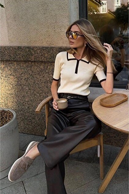 De Pose Ekru Kısa Kollu Premium Polo Yaka Fermuarlı Triko Kadın T