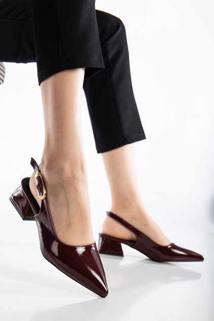 Women's Patent Leather Gold Buckle Open Back Short Heel Shoes