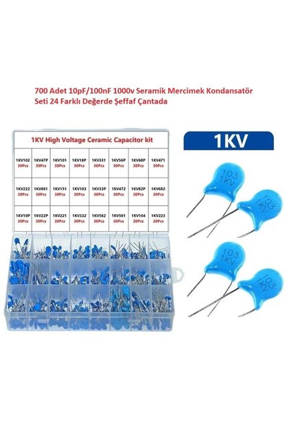 700 Adet 10pF/100nF 1000v Seramik Mercimek Kondansatör Seti 24 Farklı Değerde Şeffaf Çantada