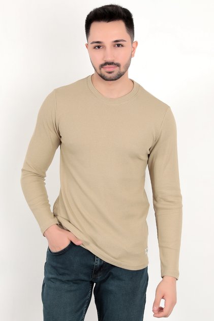 Mânecă lungă pentru bărbați din țesătură flexibilă cu textura vafelă guler rotund slim fit tricou - 5073-2
