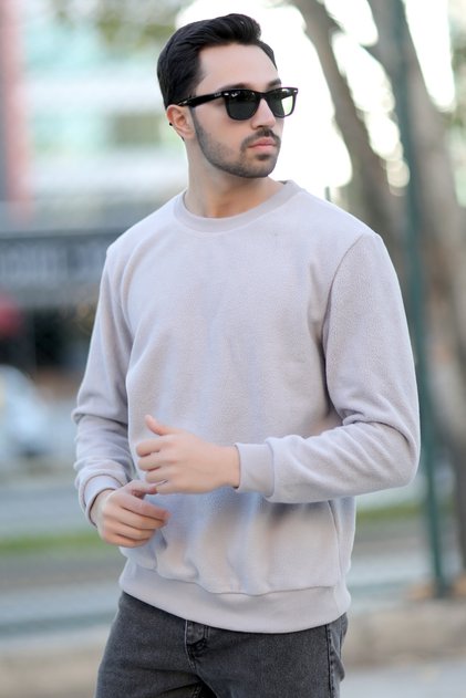 Erkek Oversize Sweatshirt Gri İntersoft Ribanalı Bisiklet Yaka Rahat Kesim - 5737