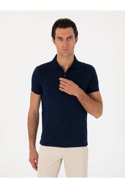 Tricou cu guler polo, slim fit, cu model, albastru marin 50300721-VR033