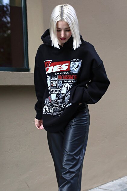 Madmext Siyah Baskılı Oversize Kapüşonlu Kadın Sweatshirt MG1581