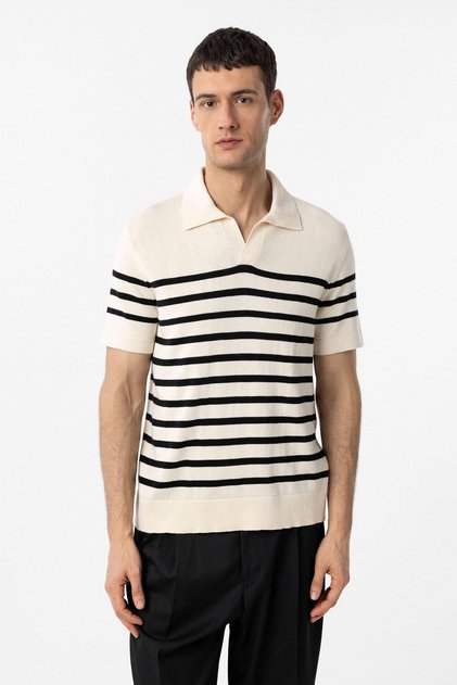 Polo Neck Striped Men's Knitwear T-Shirt