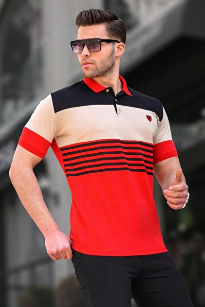 Madmext Men's Red Polo Neck Striped T-Shirt 5865- Trendyol