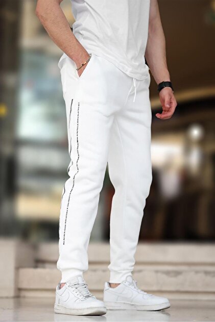 Madmext Ecru Men's Printed Sweatpants with Elastic Cuffs and Side