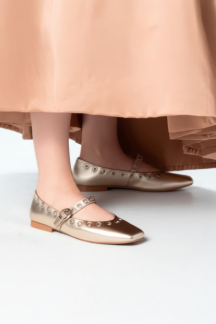 Fristymod Metallic Gold Women's Ballerinas - Modern Style with Buckle & Holes for Special Occasions