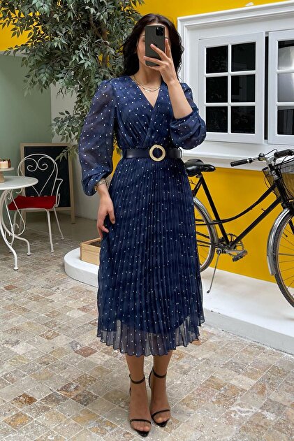 princess polly baby blue dress Madmext Navy Blue Double Breasted Neck Polka Dot Chiffon Dress Mg2065-  Trendyol