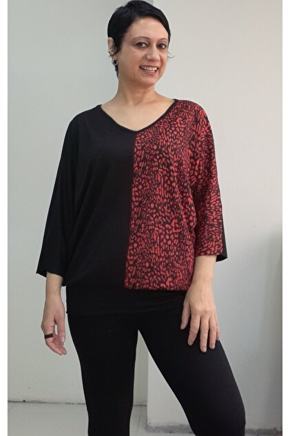 Black V-Neck Skirt Cuffed Dark Red Color Block Combed Viscose Bat Elbow Sleeve T-Shirt