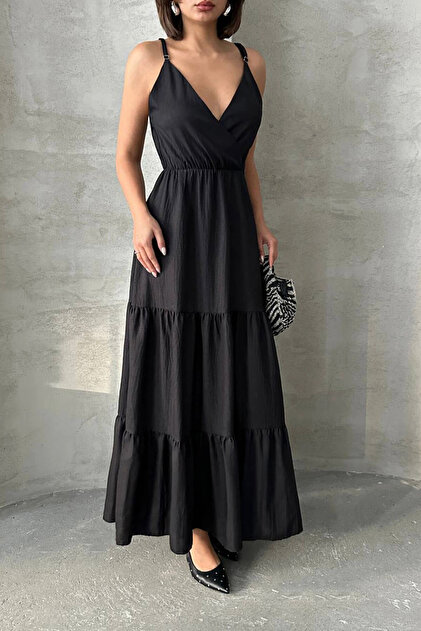 bacc Black Strappy Double-Breasted Layered Collar Skirt Ruffled Linen Dress- Trendyol bacc Black Strappy Double-Breasted Layered Collar Skirt Ruffled Linen Dress- Trendyol