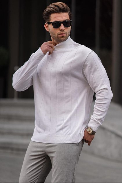 Ecru Slim Fit Half Turtleneck Striped Men's Knitwear Sweater 6344