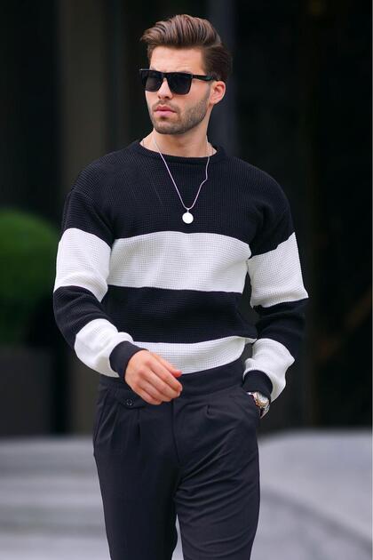 Black Crew Neck Color Block Long Sleeve Knitted Sweater 7236