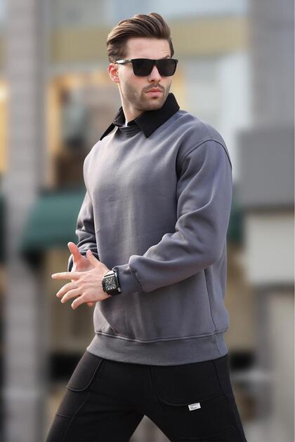Smoked Polo Collar Men's Sweatshirt 7086