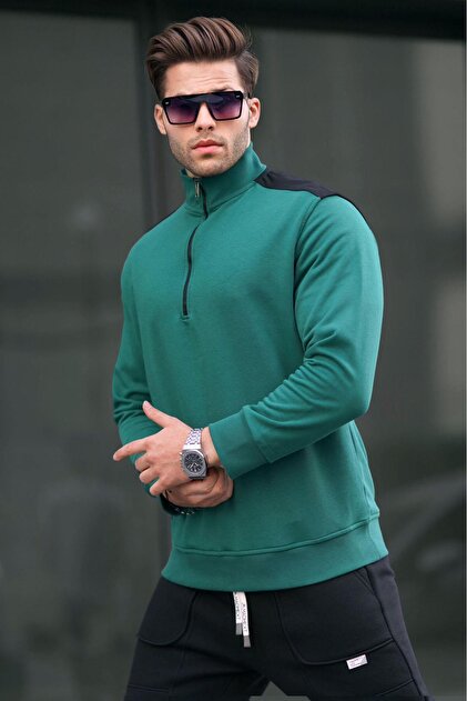 Dunkelgrünes Basic-Sweatshirt mit Reißverschlusskragen für Herren 6157