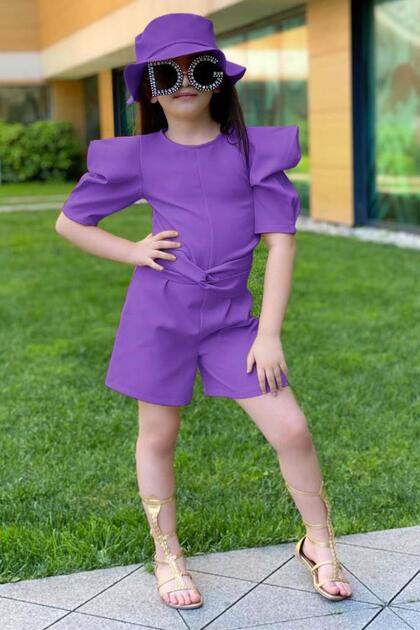 Girl's Crew Neck Half Sleeve Waist Tie Detailed Purple Shorts Jumpsuit