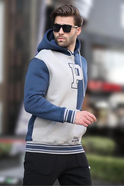 Madmext Lacivert Renk Bloklu Kapüşonlu Baskılı Erkek Sweatshirt
