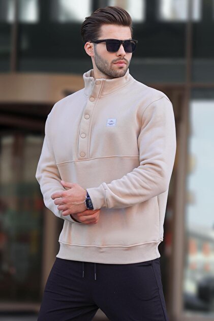 Beige Stand Collar Button Detailed Men's Sweatshirt 7060