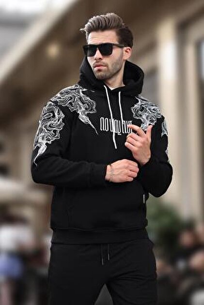 Madmext Siyah Kapüşonlu Nakış Detaylı Cepli Erkek Sweatshirt 7066