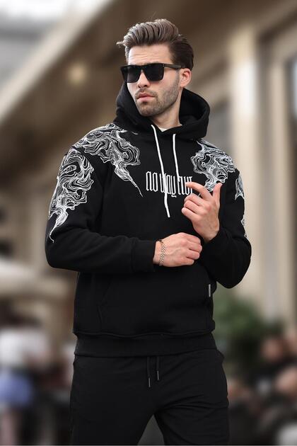 Madmext Siyah Kapüşonlu Cep Detaylı Baskılı Erkek Sweatshirt 7052