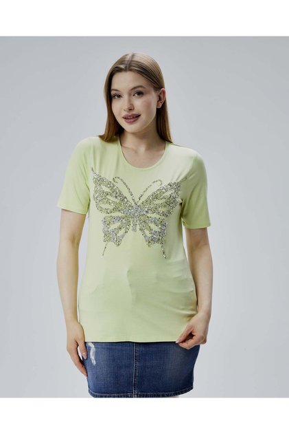 Women's Large Size Lycra Butterfly Sequin Embroidered Short Sleeve T-Shirt Blouse - Pistachio Green