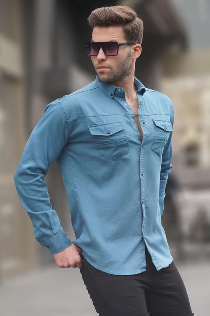 Blaues Gabardine-Herrenhemd mit bequemer Passform 6810