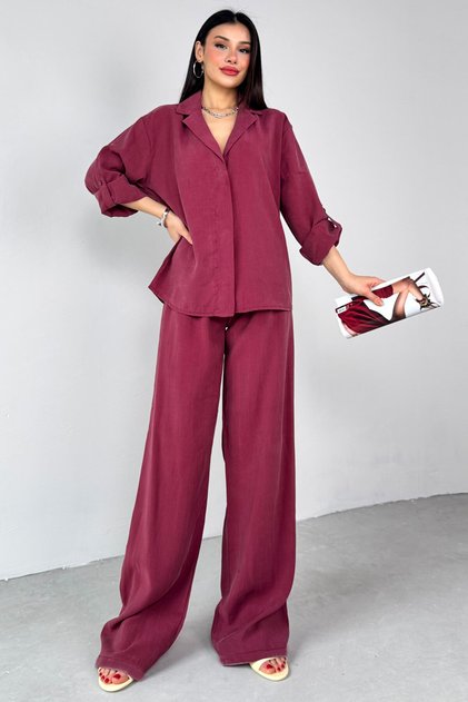 Tkm-13271 Burgundy Woven Double Breasted Collar Shirt Loose Trousers Two Piece Set