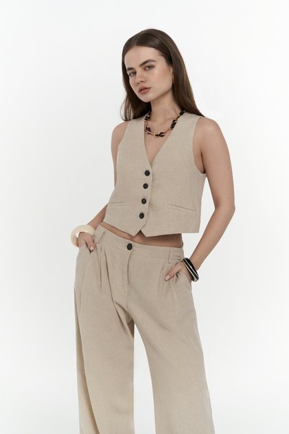 Anka Linen Beige Vest Pants Set