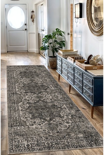 Siyah Gri Klasik Eskitme Şönil Salon Mutfak Kilim Yuvarlak Yolluk ve Oturma Odası Kilim