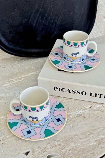 Lucca Premium Porcelain 4-Piece 2-Person Coffee Cup Set 90 ml Turquoise-Pink Zebra Patterned