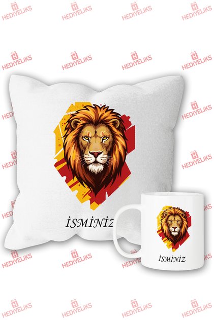 Sarı Kırmızı Aslan Temalı İsimli Yastık ve Kupa Bardak Seti